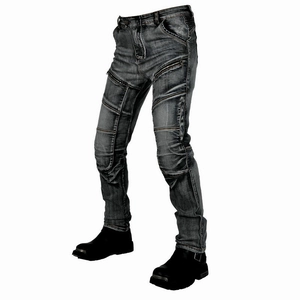 Men's motorcycle jeans with gray wash, accordion stretch panels and zipper pockets