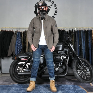 Men's retro motorcycle riding jacket outfit with cargo pockets and navy tactical pants