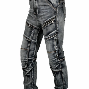 Detailed view of reinforced knee padding and metal zipper pockets on motor denim jeans