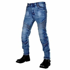 Men's retro blue motorcycle jeans with protective stretch panels and slim fit design