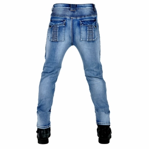 Men's retro motorcycle jeans with slim fit washed denim and protective pleated details