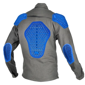 Detail view of motorcycle jacket with blue honeycomb protective pads on back and shoulders