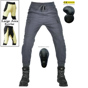 Detail view of motorcycle cargo pants with Kevlar lining and removable CE protectors