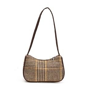 Klassische Houndstooth-Unterachseltasche mit braunem Lederbesatz und Silberreißverschluss