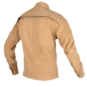 Men's khaki retro motorcycle jacket in canvas, back view of protective riding outerwear