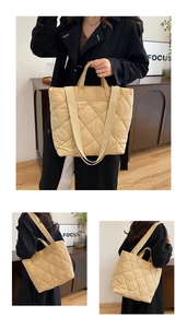 Detailed views of beige quilted tote bag showing diamond stitching and shoulder strap