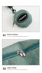 Detail of blue corduroy bag with durable double zippers and a detachable fashion pouch