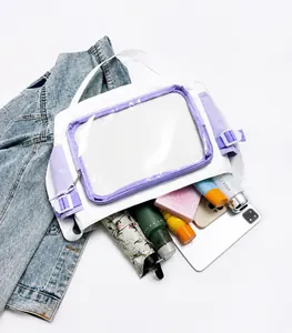 Top-down view of a spacious canvas tote bag with transparent pocket and mesh divider