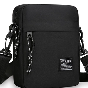 Borsa a tracolla nera in nylon con cinturino regolabile e tasca con zip sportiva