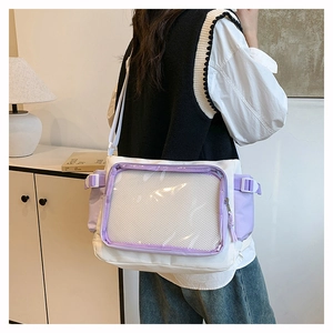 Detail of canvas messenger bag with transparent mesh pocket and adjustable side buckles
