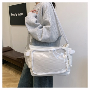 Close-up of a white tote bag featuring a transparent mesh front pocket and adjustable strap