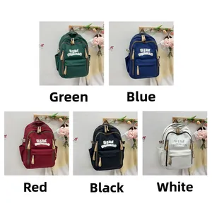 Collage of nylon backpacks in green, blue, red, black, and white for students