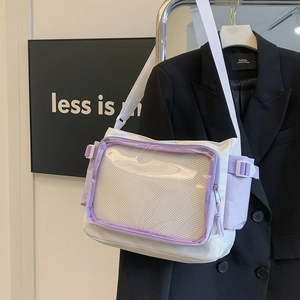 White and purple ita messenger bag with transparent window for pins and adjustable strap