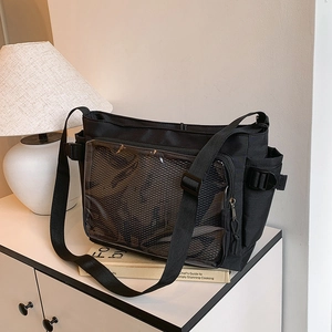 Minimalist black nylon ita bag with transparent window and large capacity shoulder strap