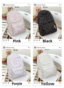 Detailed grid view showcasing floral backpack patterns in pink, black, purple, and yellow