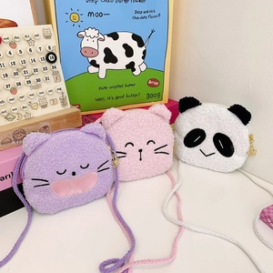 Kids Girls Cute Mini Plush Panda Cat Crossbody Bag Cartoon Animal Shape Soft Shoulder Purse Coin Pouch For Winter Daily