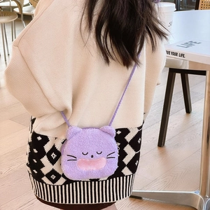 Cute purple plush cat crossbody bag for girls with soft fleece and embroidered face detail