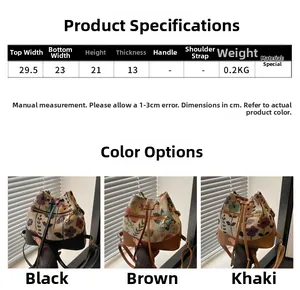 Size chart and dimensions for the vintage floral drawstring bucket bag in three colors