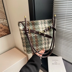Dames Grote Capaciteit Ruiten Tote Tas Retro Kunstleer Emmer Schoudertas Mode Casual Woon-werkverkeer Handtas Herfst Winter