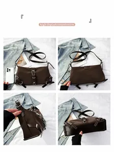 Vier aanzichten van een vintage donkerbruine crossbodytas met zilveren gespen en riem