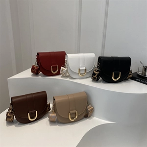 Fashion PU Leather Saddle Bag For Women Crossbody Shoulder Bag With Wide Jacquard Strap Gold Buckle Daily Small Purse