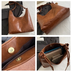Detalles del bolso de hombro vintage marrón con hebilla magnética y gran capacidad