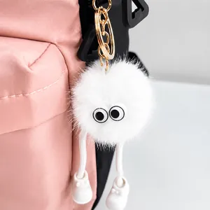 Primer plano de un llavero de monstruo de peluche blanco con ojos grandes en mochila