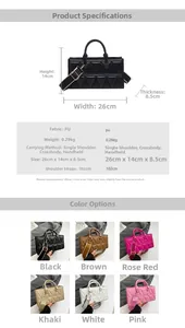 Detailed size chart and multi-color options for quilted geometric PU leather handbag