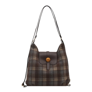 Retro plaid canvas tote bag with brown leather flap and golden round buckle detail