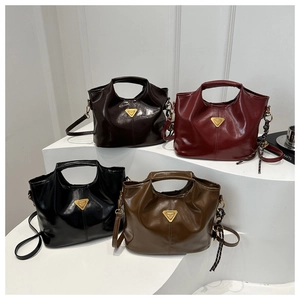 Vintage Faux Leather Bucket Bag For Women Retro Glossy Shoulder Bag With Triangle Metal Logo Casual Crossbody Handbag