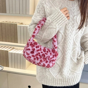 Pink and dark red leopard print plush underarm bag for women in winter style