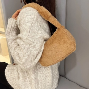 Winter camel faux fur shoulder bag with plush crescent shape for women casual wear