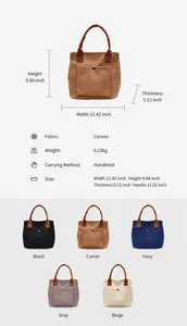Tabla de dimensiones detallada del bolso tote de lona con ancho altura y asas