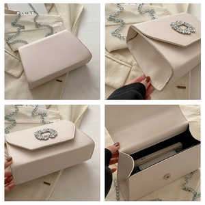 Detail views of cream-white crossbody bag featuring a large crystal buckle and silver chain