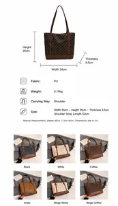 Size chart showing large tote bag dimensions 34x25x9.5cm and material details