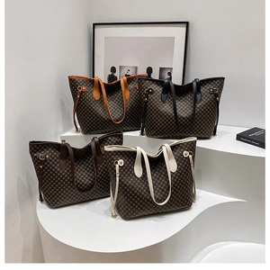 Four large checkerboard tote bags in assorted colors displayed on a minimalist white stand