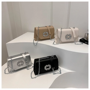 Chic chain crossbody bags in khaki, white, silver, and black with crystal buckles