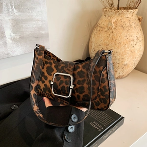 Petit Sac Sous les Bras Rétro Léopard pour Femme en Cuir Synthétique Sac à Épaule avec Boucle en Métal Sac à Main Rectangulaire