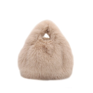 Winter beige plush faux fur handbag with a minimalist triangle silhouette for women