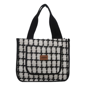 Black and white plaid tweed tote bag with spacious multi-pockets and woven handles