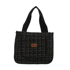 Grand sac cabas en tweed à carreaux noir et or avec anses souples pour femmes