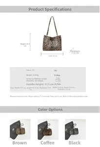 Detailed chart showing leopard print tote bag dimensions and light PU material features