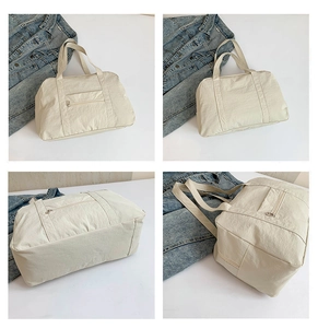Vues détaillées du grand sac en nylon beige avec poche zippée et doubles poignées