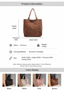 Size chart and dimensions for large corduroy strawberry tote bag in four colors