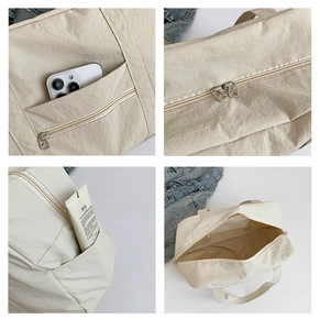 Vues détaillées du sac en nylon montrant fermetures éclair, poches latérales et compartiment