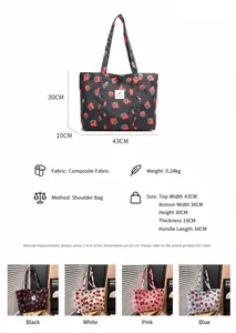 Detailed size chart and multi-color specifications for the strawberry print tote bag