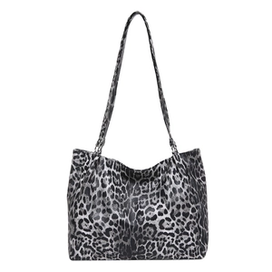 Large leopard print tote bag with black and grey pattern and long shoulder strap