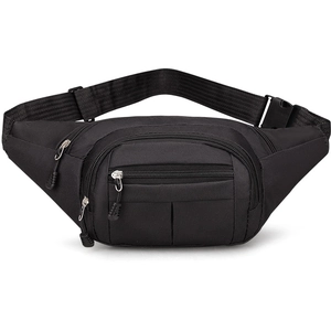 Detail view of black multipurpose waist bag with multiple zipper pockets and adjustable strap