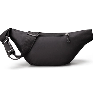Detail of black waterproof nylon waist bag with adjustable strap and durable plastic buckle