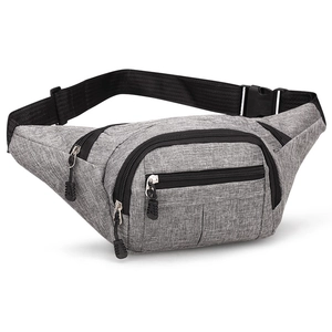 Grey textured multi-zipper waist bag with adjustable strap for outdoor activities